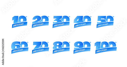 Set of anniversary signs from 10 to 100. Numbers in blue colors. Stock vector emblem design elements.