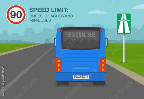 Bus, coach or minibus on a motorway, highway speed limit. Driving a car. Flat vector illustration template.
