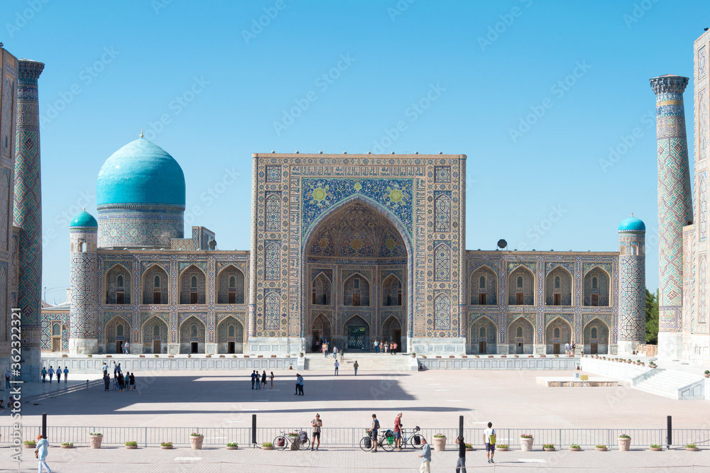 Tilya-Kori Madrasa at Registan in Samarkand, Uzbekistan. It is part of the Samarkand - Crossroad of Cultures World Heritage Site.