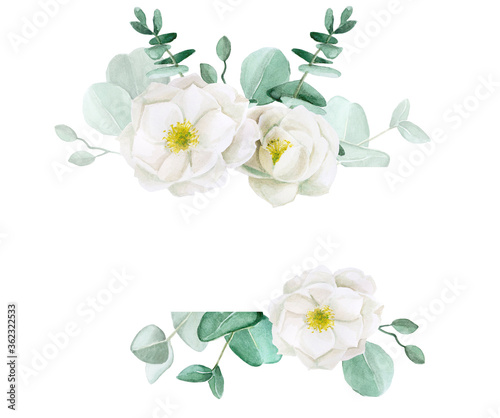 watercolor drawing. frame of eucalyptus leaves and white flowers of wild rose  peony. Design for weddings  cards  invitations  greetings. isolated on white background with place for text