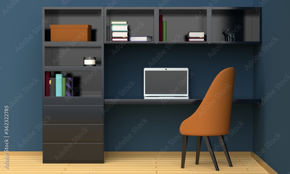 Home workplace interior with black furniture, a blue wall and a laptop. Front view. 3d rendering Home workplace interior with black furniture, a blue wall and a laptop. Front view. 3d rendering