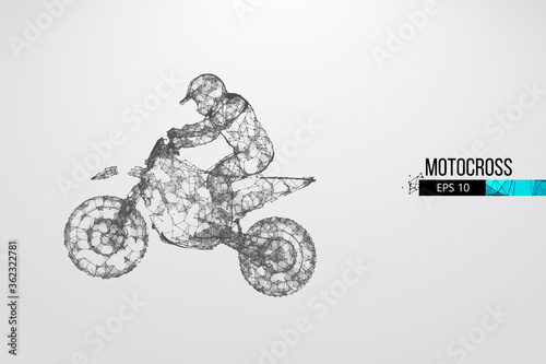 Abstract silhouette of a wireframe motocross rider from particles on the white background. Convenient organization of eps file. Vector illustartion. Thanks for watching