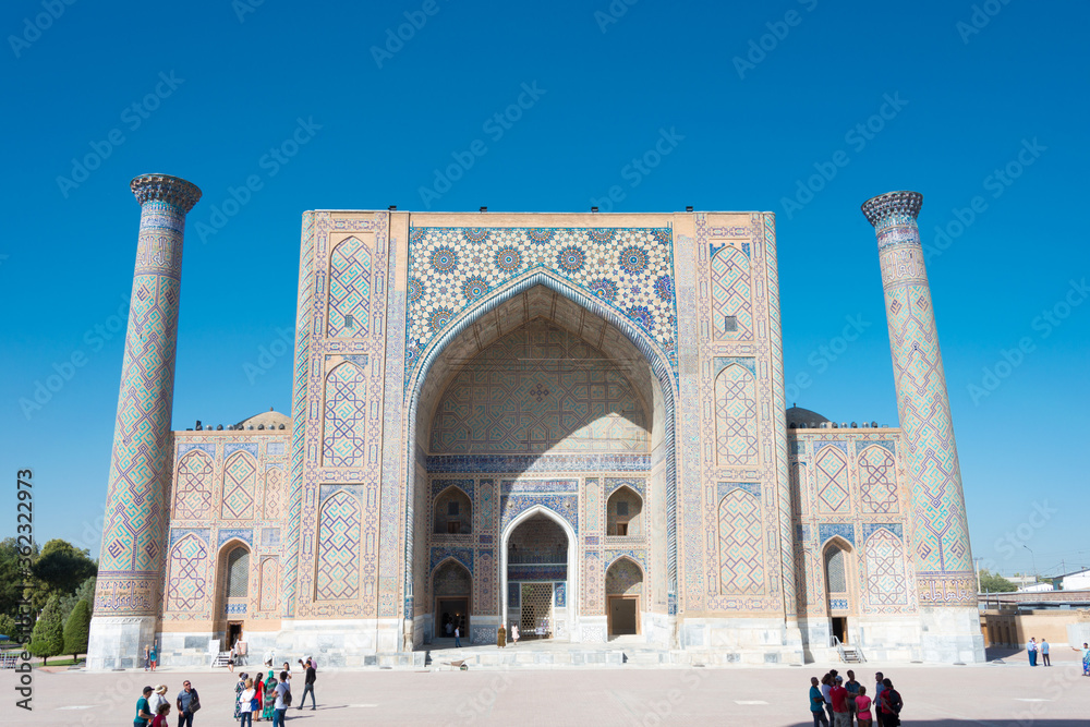 Ulugh Beg Madrasa at Registan in Samarkand, Uzbekistan. It is part of the Samarkand - Crossroad of Cultures World Heritage Site.