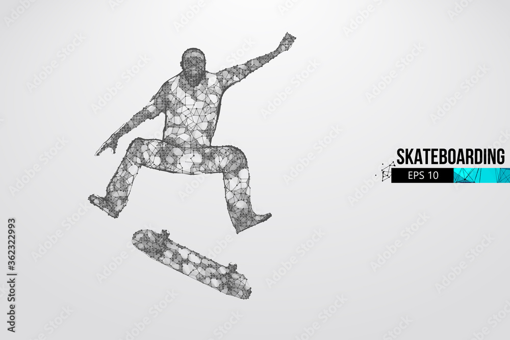 Skateboarding. Abstract silhouette of a wireframe skateboarder from particles on the white background. Convenient organization of eps file. Vector illustartion. Thanks for watching