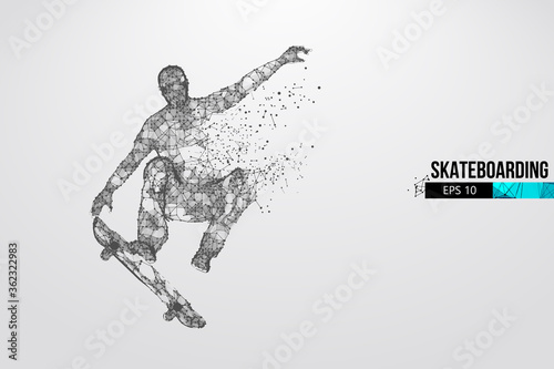 Skateboarding. Abstract silhouette of a wireframe skateboarder from particles on the white background. Convenient organization of eps file. Vector illustartion. Thanks for watching