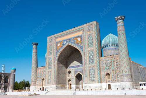 Sher-Dor Madrasa at Registan in Samarkand, Uzbekistan. It is part of the Samarkand - Crossroad of Cultures World Heritage Site.