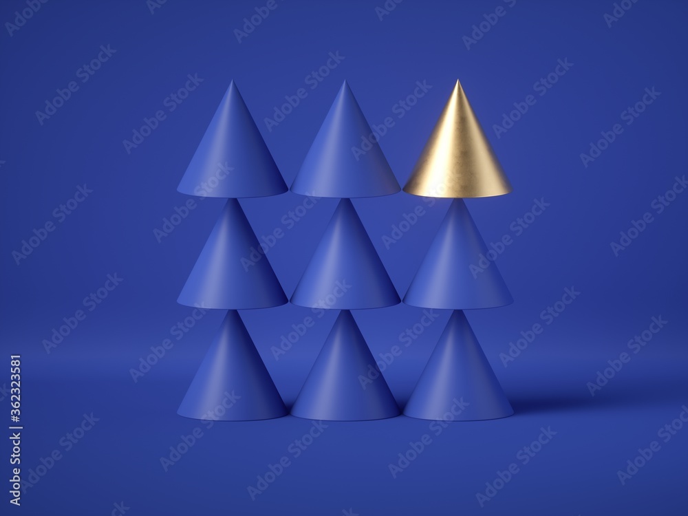 Obraz premium 3d render, abstract geometric design: golden cone amongst the blue cones isolated on blue background. Balance, gravity, one of a kind exception concept. Matrix of primitive shapes