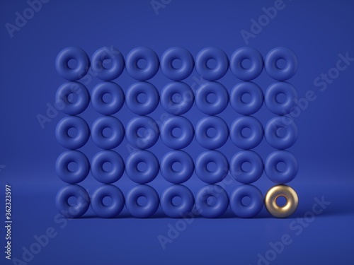Canvas Print 3d render, abstract geometric structure: golden torus amongst the blue donuts isolated on blue background