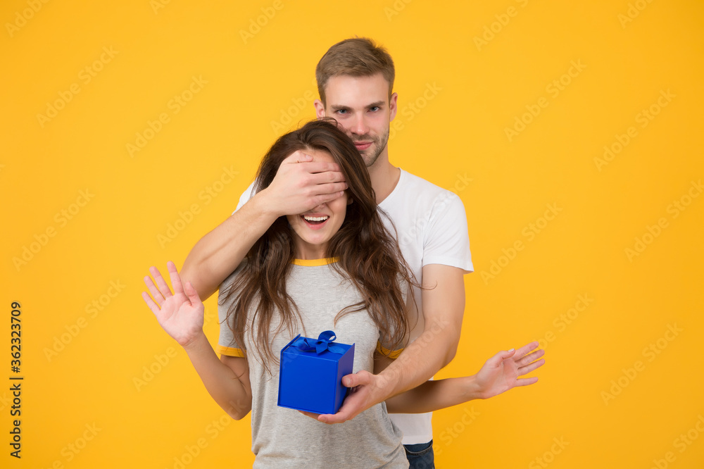 Blind surprise. Special day. Happiness is real. Happy birthday. Man give box to birthday girl. Birthday anniversary. Couple in love. Holiday celebration. Shopping birthday gift. Present shopping Blind surprise. Special day. Happiness is real. Happy birthday. Man give box to birthday girl. Birthday anniversary. Couple in love. Holiday celebration. Shopping birthday gift. Present shopping