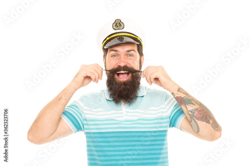 With great barbershop comes great beard. Happy seaman twirl moustache isolated on white. Bearded man in navy uniform. Barbershop. Cut and shave. Barbershop care. Appointment to barbershop © be free