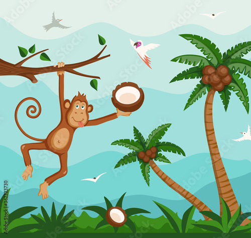 Happy monkey hanging on the branch of tree and holding coconut on the tropical island