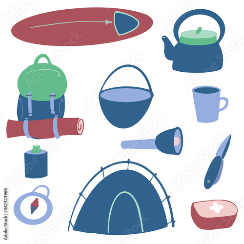 A set of items for Hiking and outdoor activities. Accessories for outdoor recreation. Sleeping bag, tent, lantern, backpack, bowler hat, compass. hand draw elements.