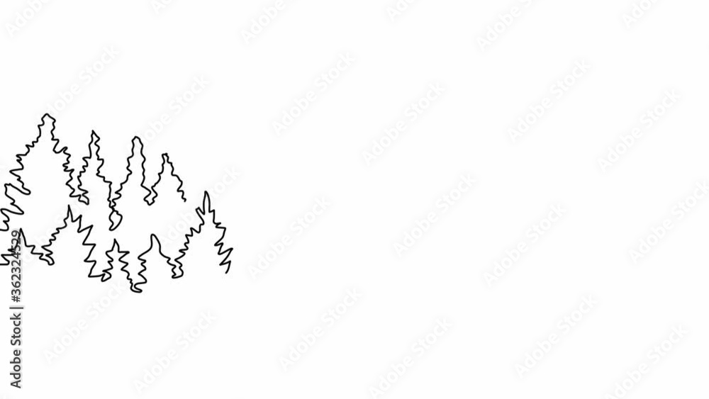 Self-drawing a simple animation of one continuous drawing of one line of Christmas trees, forests on the background
