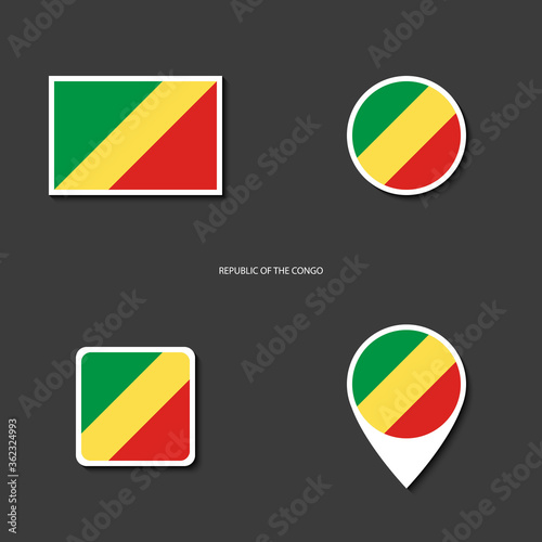 Republic of the Congo flag icon set in different shape (rectangle, circle, square and marker icon on dark grey background. Republic of the Congo sticker flag collection on barely dark background.