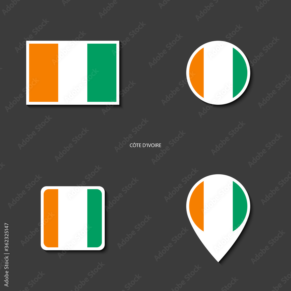 Côte d'Ivoire flag icon set in different shape (rectangle, circle ...