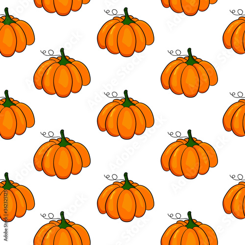Seamless pattern with orange pumpkins on white background.Cartoon style  vector illustration. Design for  textile,wrapping paper,kitchen print,wallpaper, fermer market.