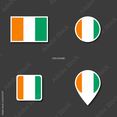 Côte d'Ivoire flag icon set in different shape (rectangle, circle, square, circular and marker icon) on dark grey background. Ivory Coast sticker flag collection on barely dark background.