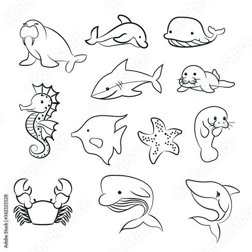 Sea animals line icons hand drawn set 