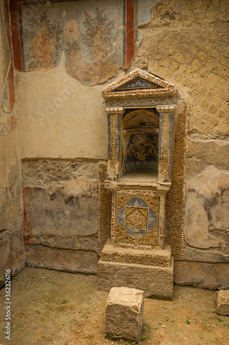 Antique Roman ruins of Herculaneum remaining after eruption of Vesuvius, Campania, Italy
