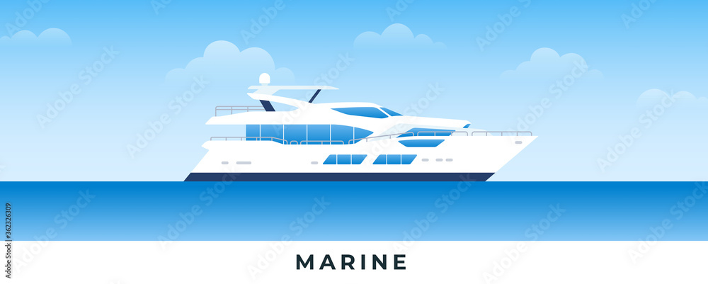 Marine boat in sea. Vector flat illustrations. Marine passenger powerboat on backdrop sea and sky.