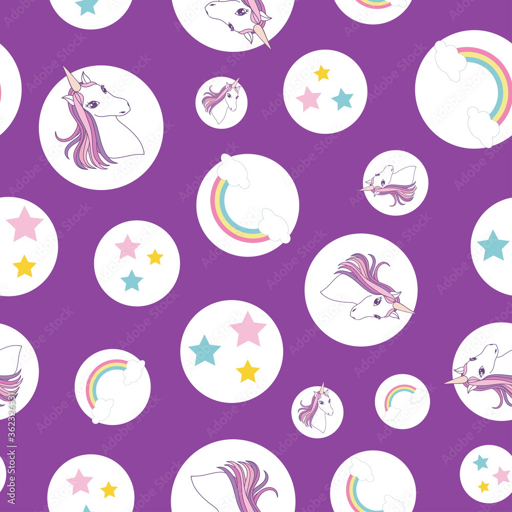 seamless pattern Unicorn, rainbow and stars on circles, purple background seamless pattern Unicorn, rainbow and stars on circles, purple background