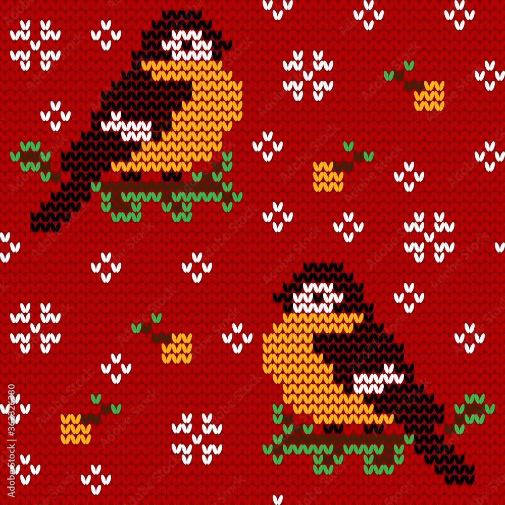Jacquard knitted seamless pattern with cute bullfinchies, rowanberries and snowflakes. Winter background with nature and birds. Scandinavian style. Vector illustration.