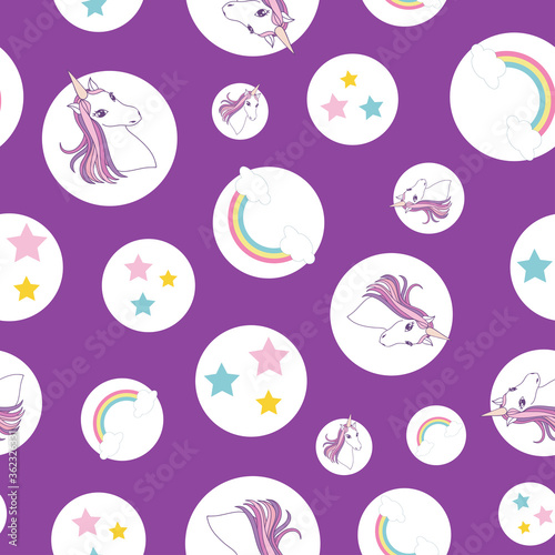 seamless pattern Unicorn, rainbow and stars on circles, purple background © Elinnet