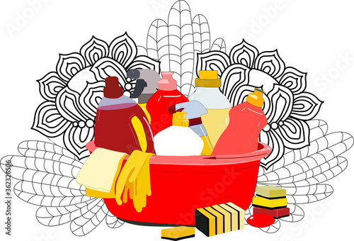 Red and yellow rubber gloves and detergents for cleaning, spray bottle, rinse aid, on the flowers background.Vector illustration of household items and cleaning tools for banner, website, infographic.