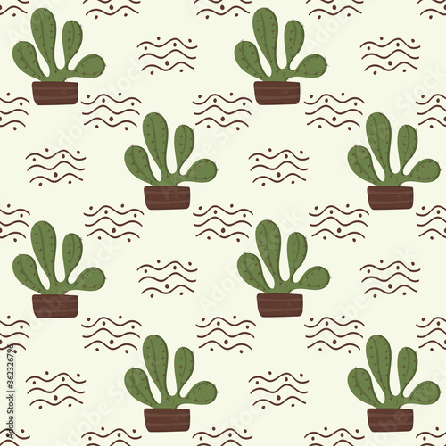 Cacti with thorns in pots with texture on a seamless background. This template is suitable for scrapbooking and packaging