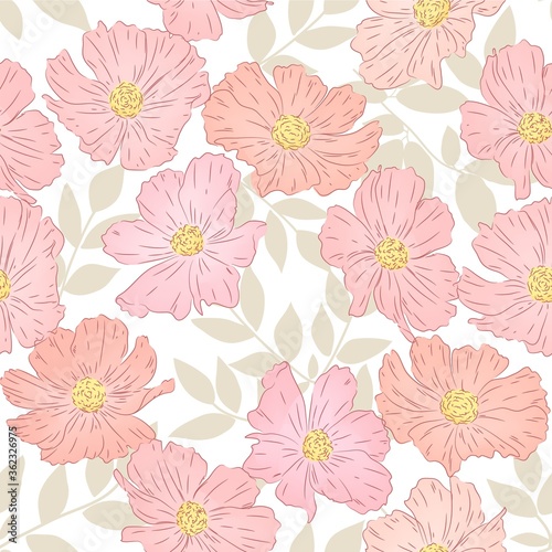 seamless white floral background with pink flowrs background