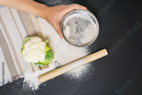 gluten free baking, vegetable cauliflower. Alternative to wheat flour for keto paleo diet concept