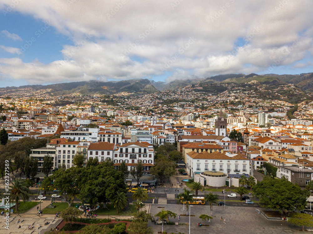 The drone aerial view of the town center, Funchal, Madeira island, Portugal