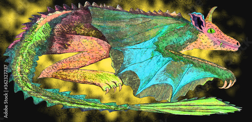 multi-colored mystical dragon with wings and a long tail on a dark background © Alexandra