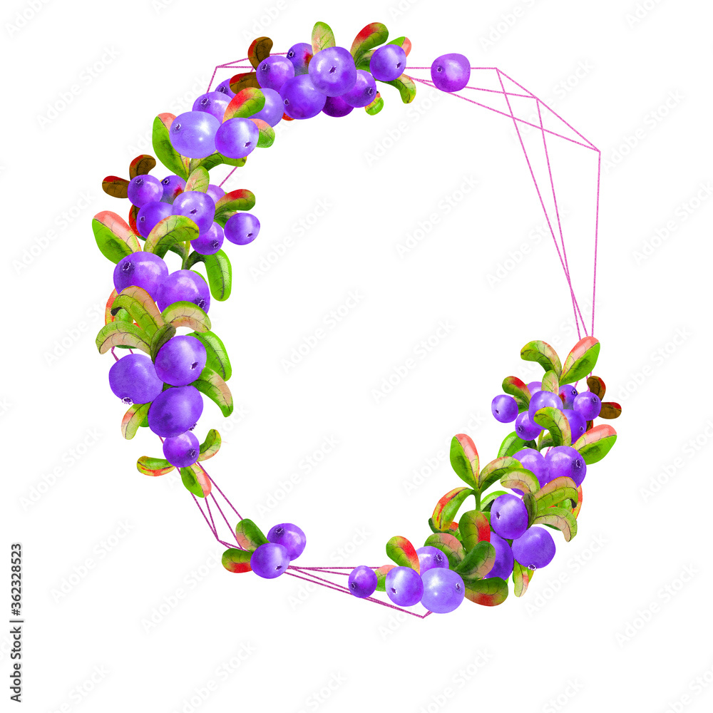 A geometric frame with ripe irgi berries on a white background is isolated. Graphic element. Watercolor illustration A geometric frame with ripe irgi berries on a white background is isolated. Graphic element. Watercolor illustration