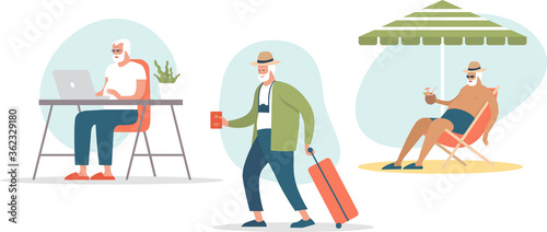 Senior age man booking trip or tickets online.Third age traveler ready for summer holidays. Active grandpa traveling to hot tropical resorts. Elderly travel and tourism