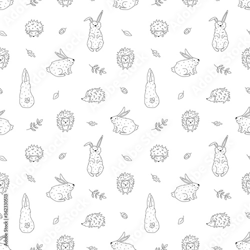 Hedgehog and bunny seamless pattern in black and white color. Colored page background for children. Line illustration
