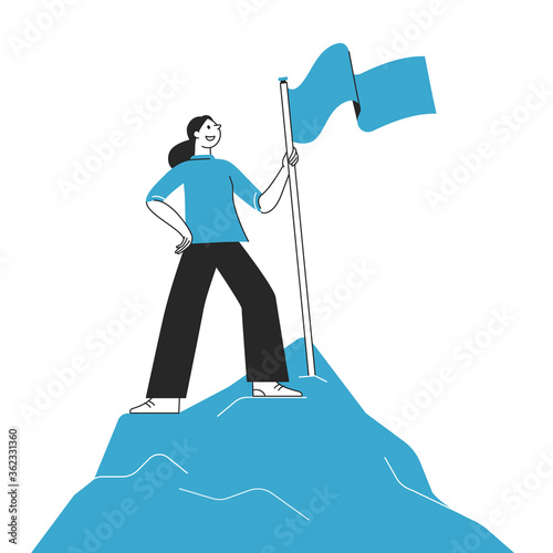 Vector illustration in flat cartoon simple style with characters - women climbing to the top of the mountain with a flag - business competition and challenge concept