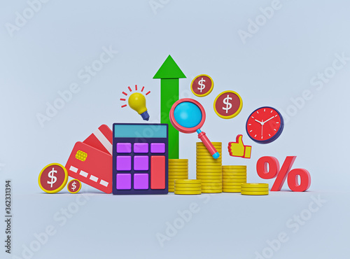 concept of Successful business Investments, money savings, budget management and financial profit. minimal cartoon style design. 3d rendering