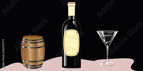 Barrel with a hoop, a bottle with a label, a glass with red wine - illustration, vector. Banner.