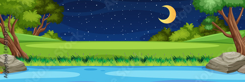 Horizon nature scene or landscape countryside with forest riverside view and moon in the sky at night
