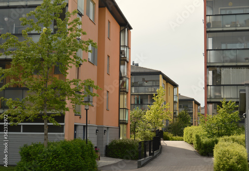 Modern residential apartment buildings in the neighbourhood called Tuomarila in Espoo, Finland.