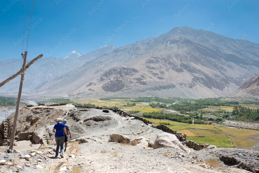 Ruins of Khaakha Fortress in the Wakhan Valley in Ishkashim, Gorno-Badakhshan, Tajikistan. It is located in the Tajikistan and Afghanistan border.