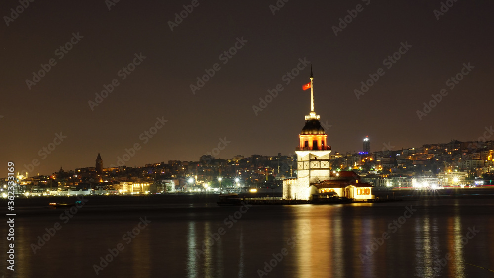 Maiden's tower at night, symbol of Istanbul, Turkey