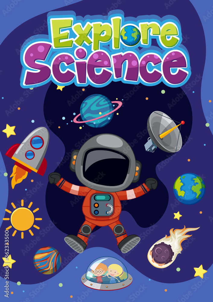 Fototapeta premium Explore science logo with astronaut and space objects