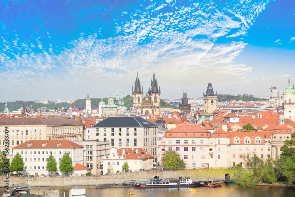 Beautiful view of the Old Town Square, and Tyn Church and St. Vitus Cathedral in Prague, Czech Republic