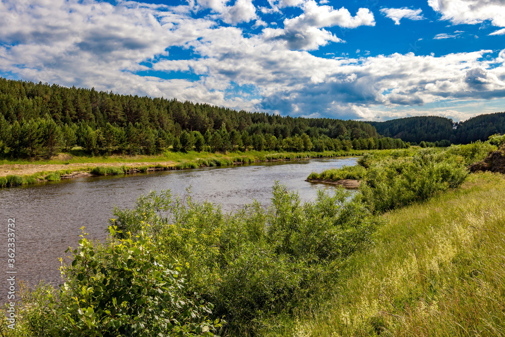 River in summer against forest on hills, blue sky and white clouds