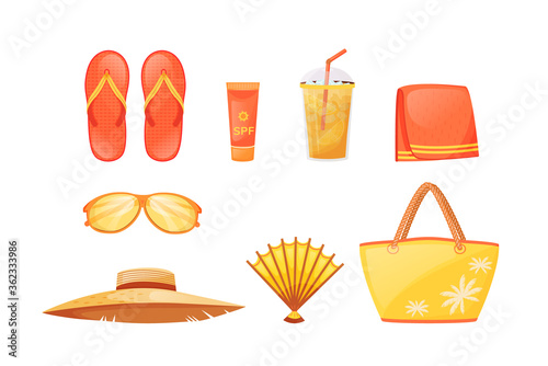 Sunbathing essentials flat color vector objects set