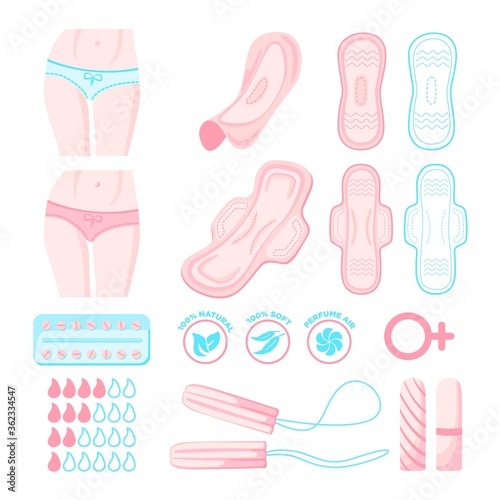 Hygienic kit. Women's sanitary pads, tampons. Feminine hygiene products - sanitary pad, tampon, menstrual set icons. Women menstrual period illustration.