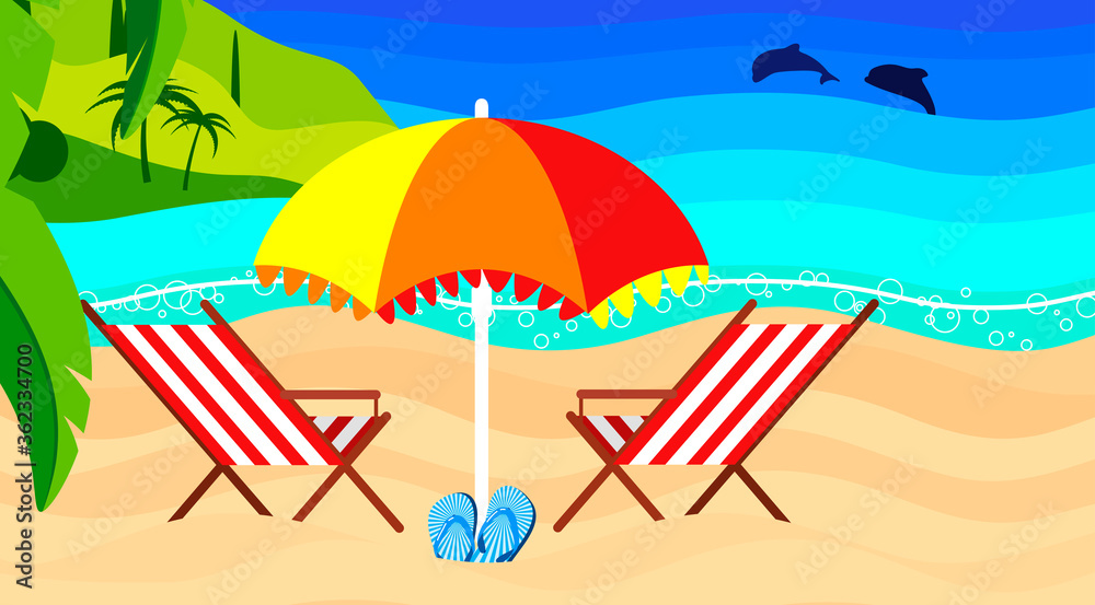 Seascape: sandy beach, beach umbrella, dolphins in the ocean, palm leaves, lighthouse on the cape, summer sky.