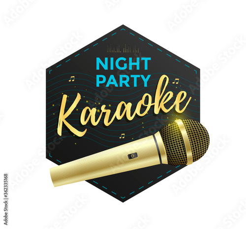 Karaoke party label or icon design with a golden microphone. Vector illustration